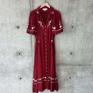 THE GREAT. Red Maxi Dress with White Embroidery